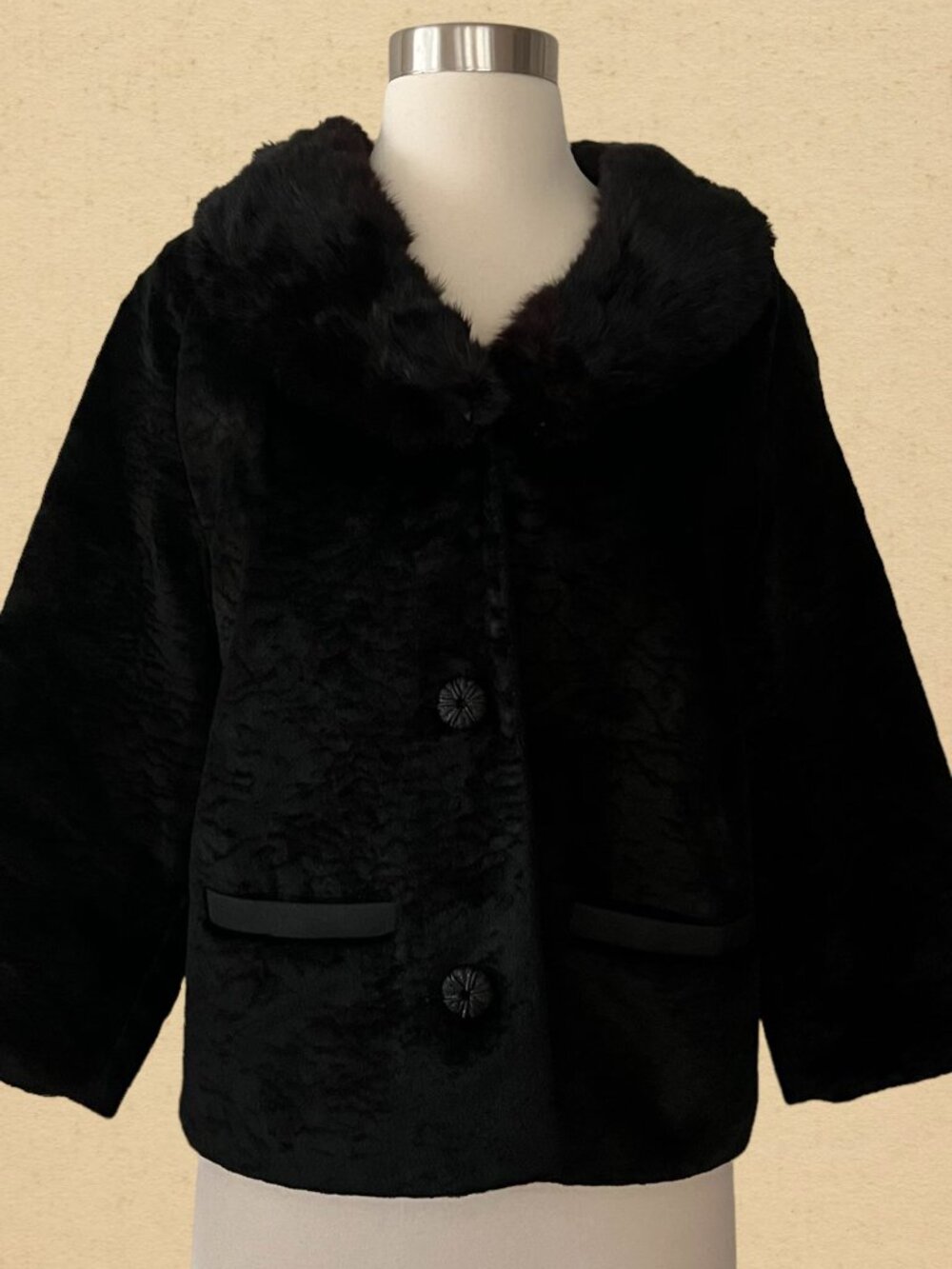 Vintage 60s Black Coat with Fur Collar, Size Small